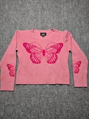 By & By Girl Butterfly Sweater Girls M 10/12 Pink Knit Crewneck Y2K